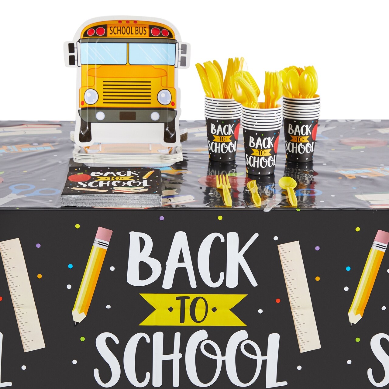 173-Piece Back to School Party Decorations, Paper Plates, Napkins, Cups, Table Covers, Cutlery, Balloons, Banner (Serves 24)